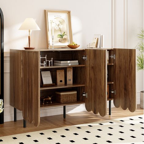 Credenza moderna 120x35x80 cm con ante ondulate senza maniglie, noce, MDF- FLORAGRACE (1/5)