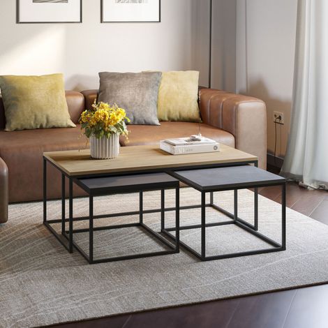Lot de 3 tables basses 55 et 110 cm effet chêne, béton gris et noir (1/5)
