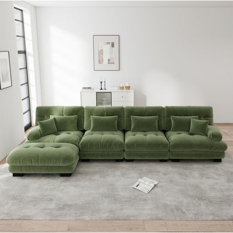 Canapé d’angle modulable vert en chenille avec ottomans mobiles, 4 places (1/5)