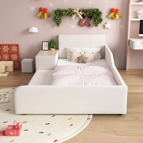 Ensemble Lit 90x200cm - Avec Bureau et Tabouret - Tissu Velours Blanc - Latte en Bois - Capacité 220kg - Blanc (1/5)