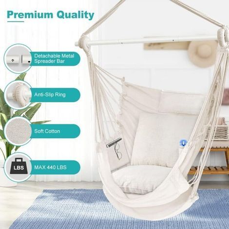 Sièges Suspendus Chaise Hamac Solide en métal Pliable Barre d'écartement Portable Chaise Suspendue Max 150kg Confortable Patio pelouse Coton mélangé-Ne comprend pas le coussin de siège (1/5)