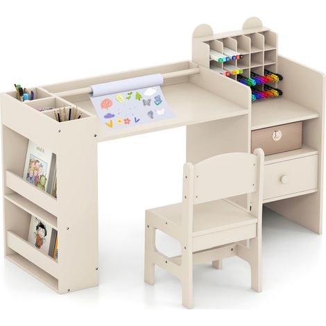 COSTWAY Kids Art Table & Chair Set Toddler Painting Study Desk-Natural (1/5)