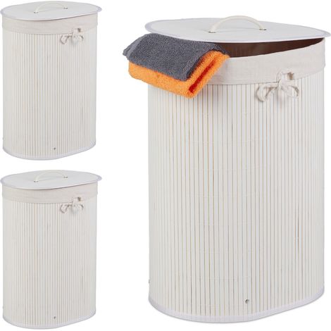 3 x Wäschekörbe Bambus, oval, 46 l, faltbar, mit Deckel, für Bad und Schlafzimmer, 55 x 42 x 32 cm, weiß