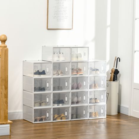 Unidad de almacenamiento modular, 18 cubos, zapatero apilable, ropa, libros, juguetes, blanco y transparente