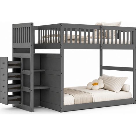 Lit superposé bas 140 x 200 cm avec escalier de rangement, 4 tiroirs, barrière haute, bois gris pour chambre enfant et petit espace – CHICFURN (1/5)