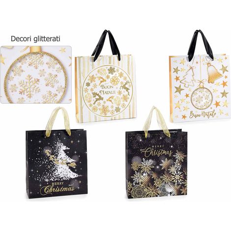 Buste regalo di Natale grandi in carta rigida con decorazioni glitterate oro e scritte festive, set da 20 pezzi, cm 26,5 x 13,5 x 32,5 H