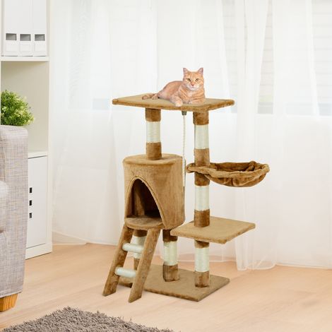 55x30x95 cm - Grattoir arbre à chat doté de plateforme de nid, cabanon, échelle, corde de jeu, planche en bois et couverts en peluche brune