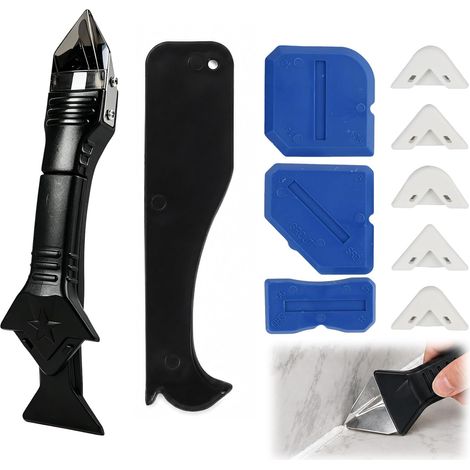 Kit Outil Joint Silicone 3 en 1 avec Tête Métal, 3 Racloirs Bleus + 1 Grattoir Noir, Enlève Joint pour Cuisine Salle de Bain Sol, Compatible avec Joints Courants (1/5)