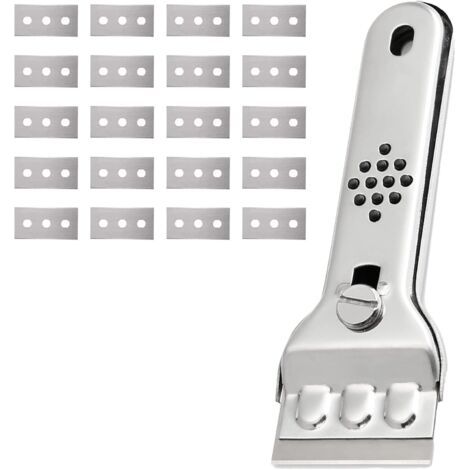 Grattoir Plaque Vitrocéramique en Acier Inoxydable Grattoir Vitre Plaque Induction Racloir Vitrocéramique Peinture Scraper Raclette Plaque Vitrocéramique avec 20 Lames, pour Vitres/Miroir