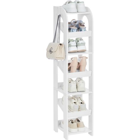 Étagère à Chaussures Verticale, 7 Étages d'étagères à Chaussures Étroites, Organisateur de Chaussures en Bois pour Armoire, Entrée, Réglable, avec Crochets, Blanc (1/5)
