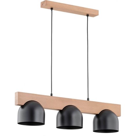 Alfa GROS Scandinavian Triple Pendant Ceiling Light, 3xE27 (max 15W) Dimmable, Black Metal Shades & Light Wood Frame, 70cm Kitchen Island Dining Lamp Modern (1/4)