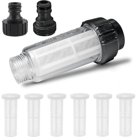 Wasserfilter Gartenschlauch, 3/4 Zoll Wasser Vorfilter Wasserfilter Set mit 5 Filtereinsatz & 2 Schnelladapter für Hochdruckreiniger Wohnmobil Gartenpumpe (1/5)