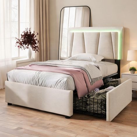 Cadre de lit beige en bois 207 x 99 x 102 cm (1/5)