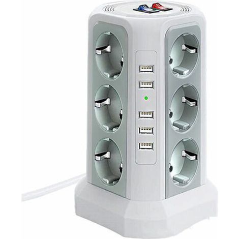 Surge-protected power strip tower, electrical power strip with 5 USB ports and 12 outlets, power strip with 3 switches, white (1/4)