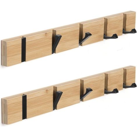 Porte-manteau mural en bois avec crochets - Ensemble de deux pièces - Porte-manteau en bois - Crochets pliables - Comprend 5 crochets - Convient pour suspendre manteaux, chapeaux et sacs à main 50 cm