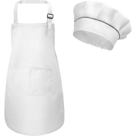 Kids Apron and Chef Hat, Toddler Chef Apron with Pockets for Girls Boys, Kids Cooking Toque and Apron, Garden Cooking Apron for Painting Crafts (M for 3-6 Years) (White)