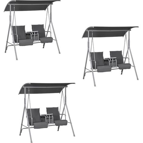 3er-Set hollywoodschaukel 2-Sitzer Schaukelbank mit Baldachin, Tasche, Gartenschaukel mit Tablett, bis 180 kg Belastbar, für Garten, Balkon, Schwarz