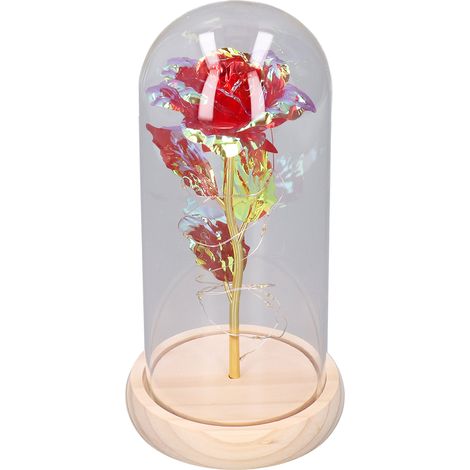 Rose artificielle lumineuse en verre LED dorée colorée, idéale pour un anniversaire de mariage (rouge). (1/5)
