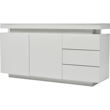 Buffet moderne blanc brillant 140 cm à 2 portes et 3 tiroirs, meuble de salon avec éclairage LED, finition haute brillance. (1/5)