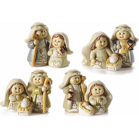 Statuine Presepe / Sacra Famiglia realizzate in resina colorata, da appoggiare, set da 4 pezzi, cm 6 x 3 x 4,5 H
