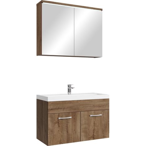 Badezimmer Badmöbel-Set Paso 02 80cm Waschbecken Braun Eiche - U