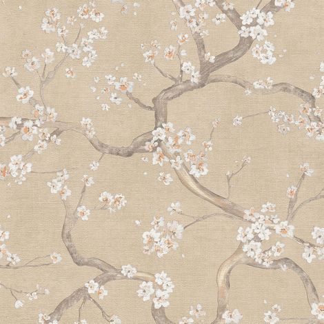 Blumen Tapete Profhome 781992 heißgeprägte Vliestapete strukturiert mit floralen Ornamenten matt beige creme-weiß grau-braun pastell-orange 5,33 m2