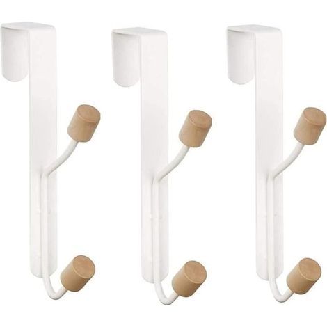Patère - Blanc - 3 PCS - Acier au carbone et bois - Capacité 5kg - Installation sans perçage (1/4)