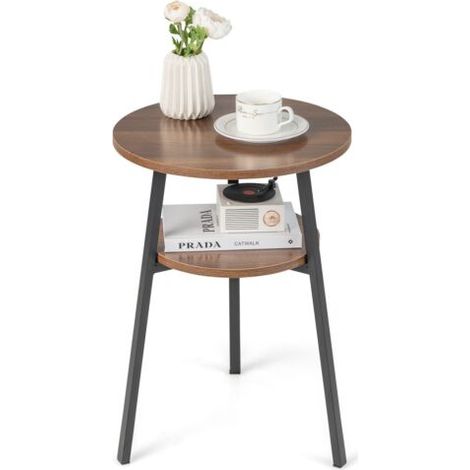 Round Side Table Wooden 2-Tier Sofa End Beside Accent Table W/ Storage Shelf