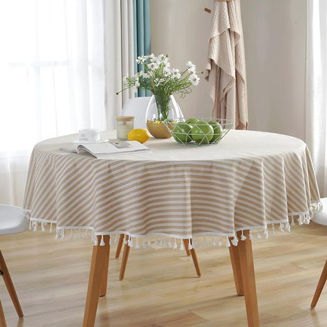 Runde Tischdecke Baumwolle Leinen mit Streifen und Quasten 140x140cm