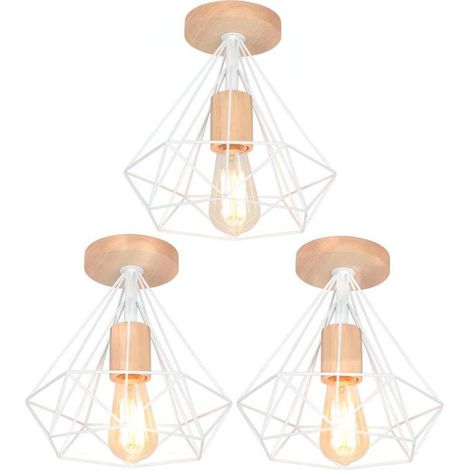 3PCS Rétro Plafonnier Industrielle E27 25cm Lampe Plafonnier en Métal et Bois Blanc (1/5)
