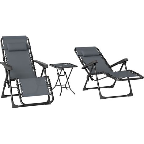 Set aus 2 verstellbaren, klappbaren Sonnenliegen mit Beistelltisch, Getränkehaltern und Kopfstützen, Tragkraft 120 kg, grau