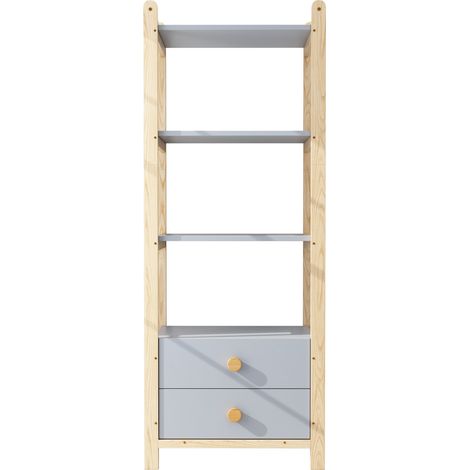 Étagère sur pied 4 niveaux avec 2 tiroirs en bleu et bois naturel, structure pin, 70×44×180 cm (1/5)