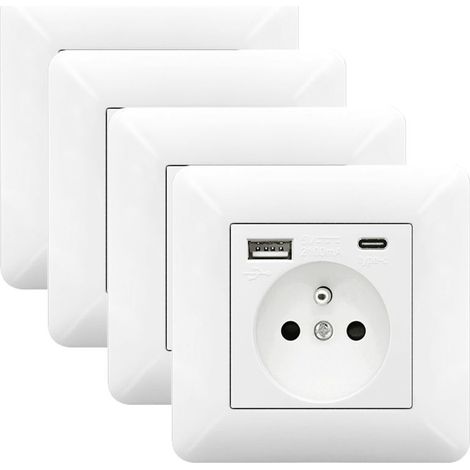 Lot de 4 Prise Électrique Murale 16A avec USB + Type C – Prise Murale Encastrable 5V/2.1A Charge Rapide Smartphone/Tablette (1/5)