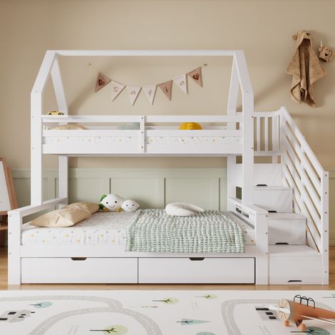 Letto a castello bambini 90x200 cm e 140x200 cm con 2 cassetti, sponda di sicurezza e scala contenitore, in legno bianco, materasso non incluso (1/5)