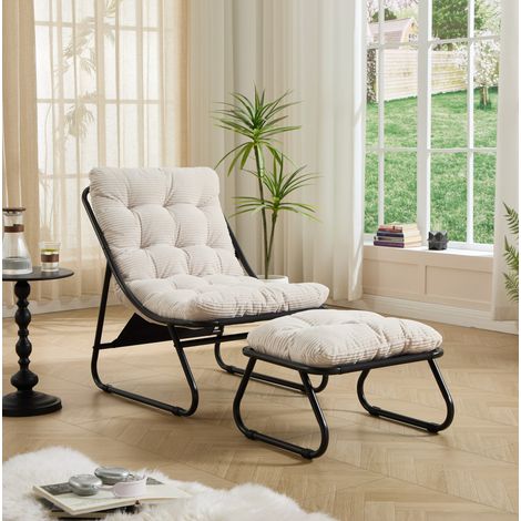 Fauteuil de jardin avec ottoman, chaise longue d'extérieur en acier, coussin blanc, noir HAVRYA (1/5)