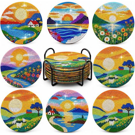 Diamond Painting Untersetzer Set mit Halter, 8 Stück Landschafts-Motive, DIY Tischdeko