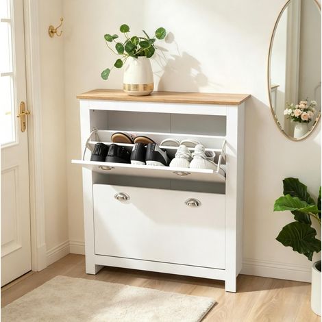 Mueble zapatero blanco y roble, MDF E1, 79 x 23 x 90,5 cm HAVRYA (1/5)