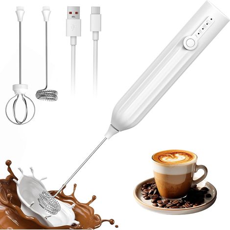 Mousseur à lait rechargeable, idéal pour préparer des boissons et battre des œufs — petit mixeur — blanc — livré avec deux têtes de mixage (1/5)