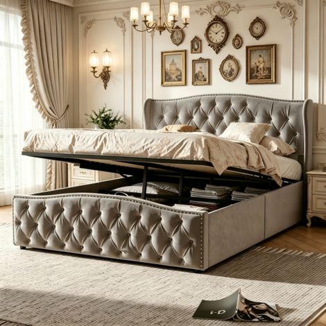 Lit 140x190 coffre, lit double, lit adulte en hydraulique, Cadre de Lits Capitonnée 2 Personnes, tête de lit en velours, Gris, sans matelas, MDF, Lit au design ondulé orné de rivets