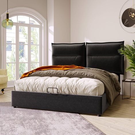 Lit double 140x200 avec tête réglable, sommier métallique, velours noir et grand rangement intégré, avec matelas (1/5)