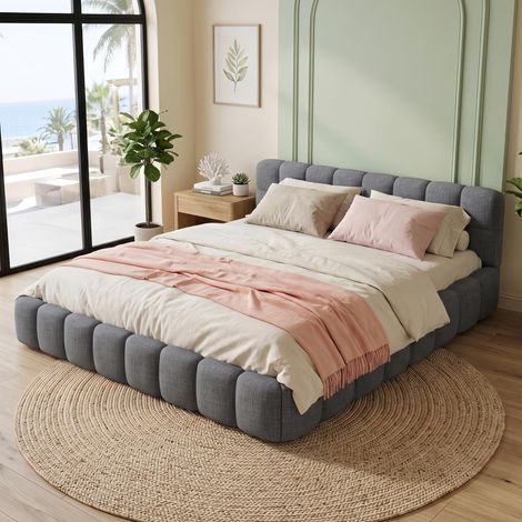 Lit adulte capitonné 140x200 cm - avec dossier moelleux, sommier à lattes, tête de lit, Lit double scandinave - Gris