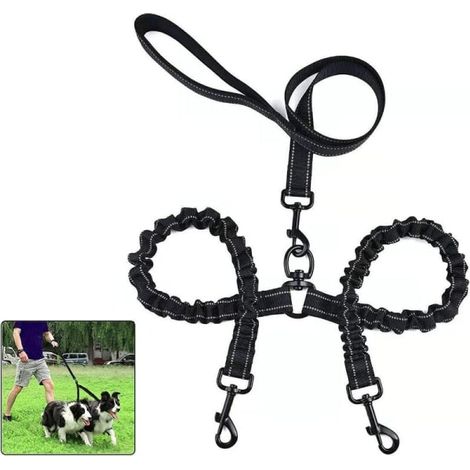 Laissez-passer double pour 2 chiens, laisse anti-enchevêtrement 360°, réglable et détachable, matériau élastique, multifonction pour promenade, sans nœuds, confortable et robuste, pour deux animaux. (1/5)