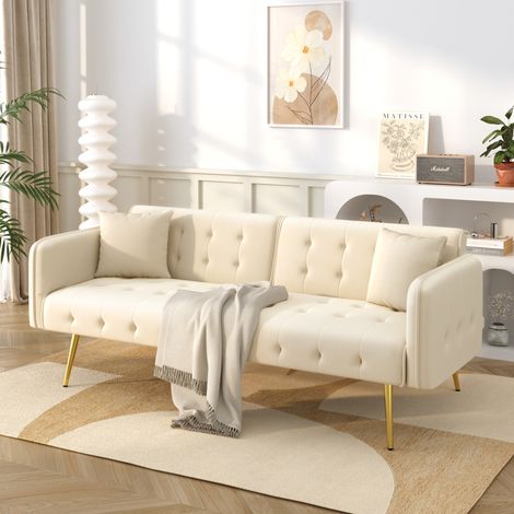 Divano letto 2 posti in velluto beige, schienale e braccioli regolabili, superficie letto 215x81,5 cm (1/5)