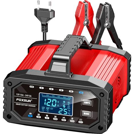 Cargador de batería para coche, compatible con 12V/24V, modos de carga inteligentes, estándar europeo. (1/2)