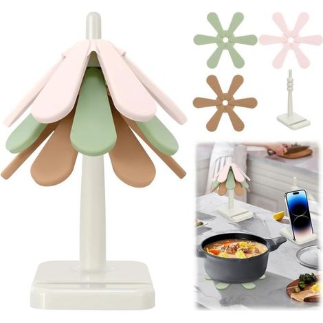Lot de 3 dessous de verre en gel de silice, pliables et antidérapants, avec 1 support – pour plats chauds et service de table élégant