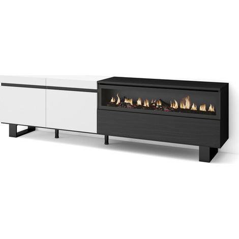 Meuble TV Banc Télé Grand Espace de Rangement 200x57x35cm pour Les TV jusqu'à 80" Cheminée électrique Design Industriel Style Moderne Blanc et Noir (1/5)