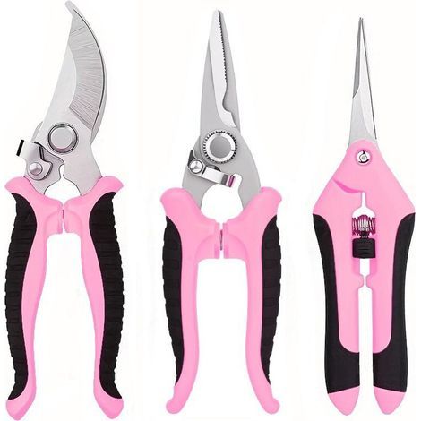 Lot de 3 ciseaux de jardin en acier inoxydable 30Cr13, durables et polyvalents - Couleur rose (1/4)