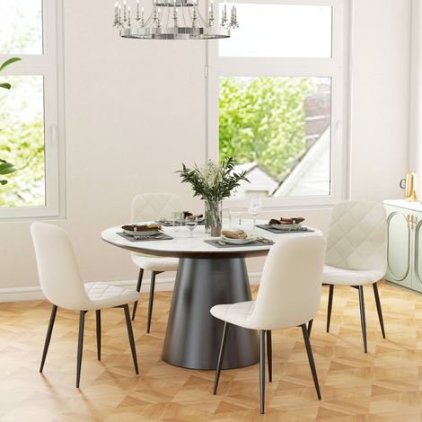 Lot de 4 chaises de salle à manger rembourrées, dossier haut, piètement en métal, revêtement en velours imitation tissu, teinte ivoire (1/5)