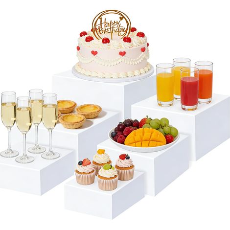 Lot de 6 supports en acrylique pour table de buffet, 15 x 16 x 17 x 18 x 20 cm, blanc, avec fond creux, boîtes à dés, présentoir à gâteau pour gâteau, mariage, fête (1/5)