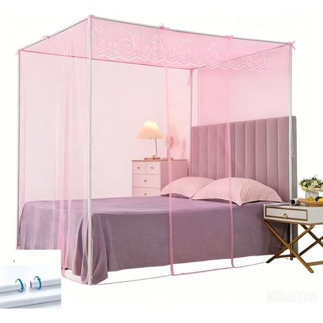 Dosel mosquitero rosa para cama con estructura metálica, tienda de cama de 150x200 cm, malla ultrafina, red repelente de insectos con soporte.
